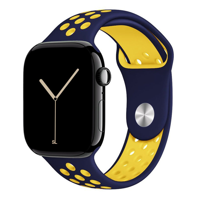 blue yellow silicone watch strap for apple watch series 11 42mm 46mm with perforated holes for breathing while running and active sports