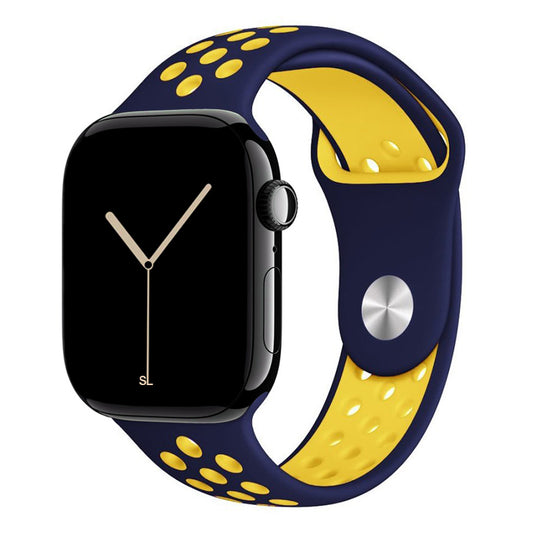 blue yellow silicone watch strap for apple watch series 11 42mm 46mm with perforated holes for breathing while running and active sports