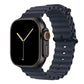 A midnight blue colour watch strap band made from silicone  with two metal buckles on an Apple watch series 10 42mm/ 45mm/ 46mm and ultra 2 designed for the ocean and active sports