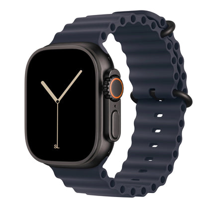 A midnight blue colour watch strap band made from silicone  with two metal buckles on an Apple watch series 10 42mm/ 45mm/ 46mm and ultra 2 designed for the ocean and active sports