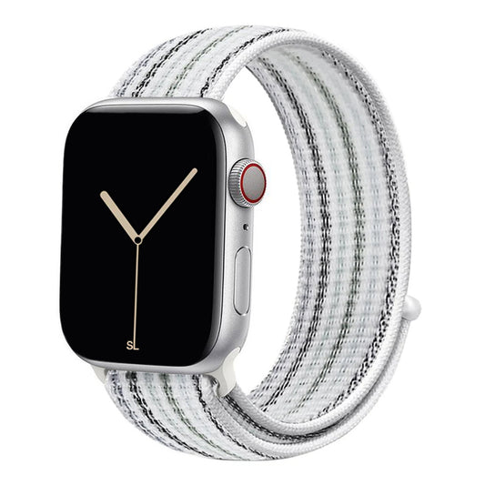 white black stripe nylon sport loop watch band for apple watch series 10 42mm and 45mm and ultra 2 made from woven nylon