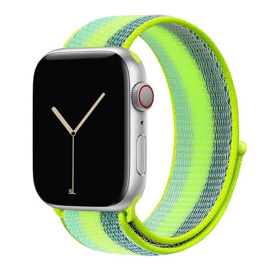 hi vis fluro yellow nylon sport loop watch band for apple watch series 10 42mm and 45mm and ultra 2 made from woven nylon
