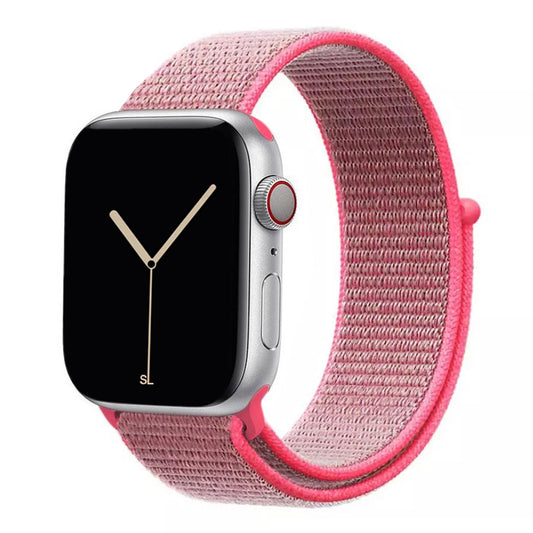 hot pink nylon sport loop watch band for apple watch series 10 42mm and 45mm and ultra 2 made from woven nylon