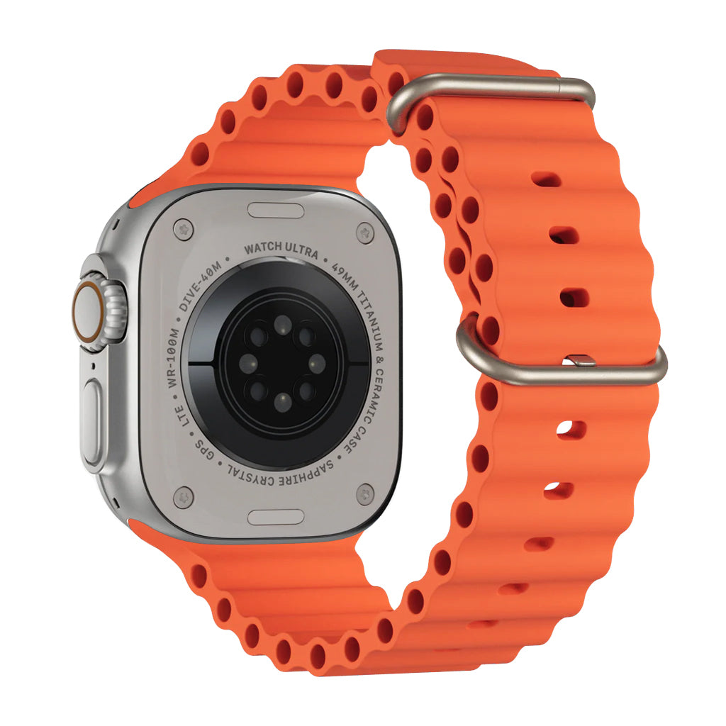 An orange colour watch strap band made from silicone  with two metal buckles on an Apple watch series 10 42mm/ 45mm/ 46mm and ultra 2 designed for the ocean and active sports