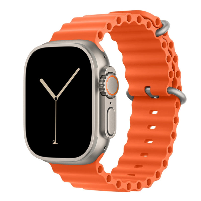 An orange colour watch strap band made from silicone  with two metal buckles on an Apple watch series 10 42mm/ 45mm/ 46mm and ultra 2 designed for the ocean and active sports