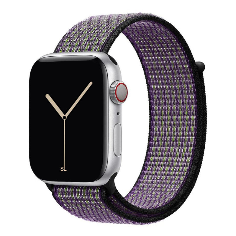 purple and green nylon sport loop watch band for apple watch series 10 42mm and 45mm and ultra 2 made from woven nylon