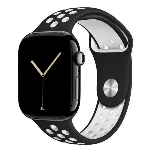 black white silicone watch strap for apple watch series 11 42mm 46mm with perforated holes for breathing while running and active sports