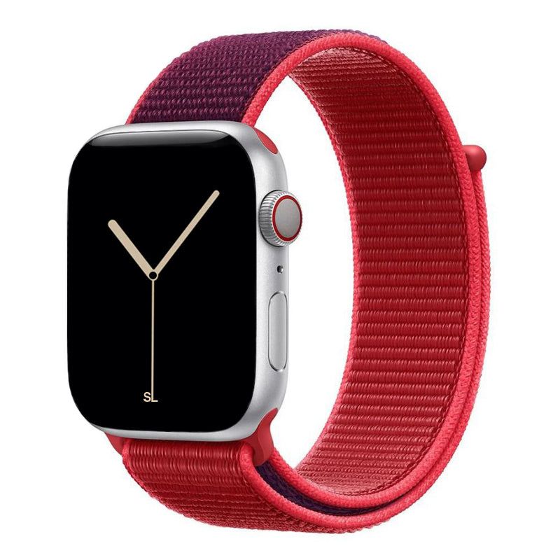 red nylon sport loop watch band for apple watch series 10 42mm and 45mm and ultra 2 made from woven nylon