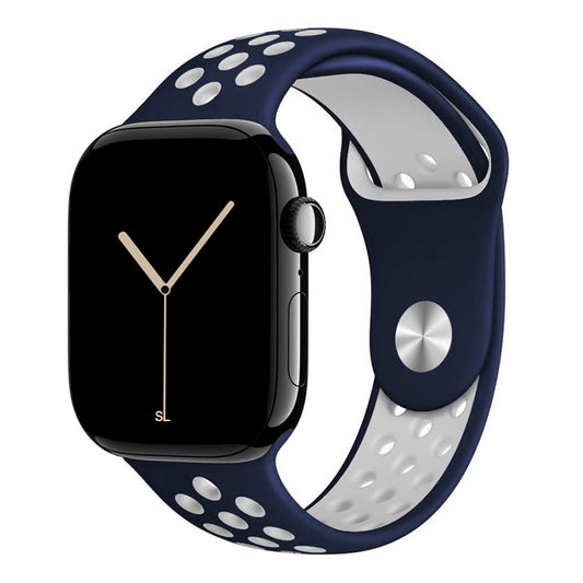 midnight blue white silicone watch strap for apple watch series 11 42mm 46mm with perforated holes for breathing while running and active sports