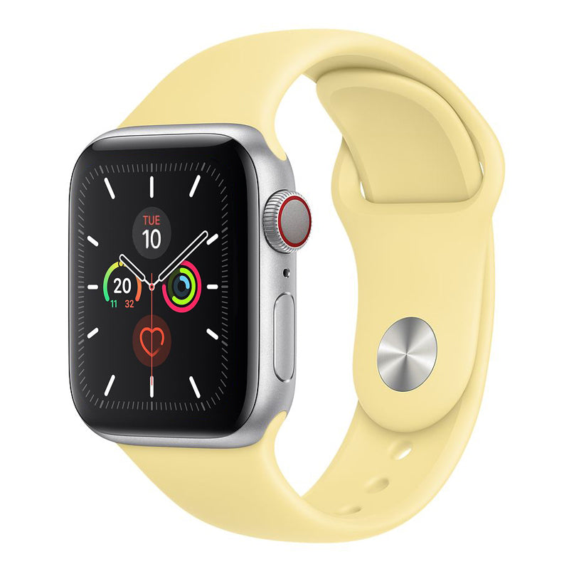 A Lemon zest yellow colour silicon sport strap for apple watch series 10 42mm and 46mm on a display stand