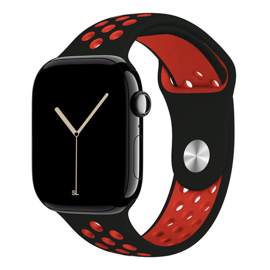 black red silicone watch strap for apple watch series 11 42mm 46mm with perforated holes for breathing while running and active sports