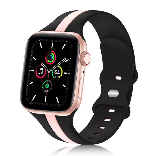A black and pink two colour silicon sport strap for apple watch series 9 41mm