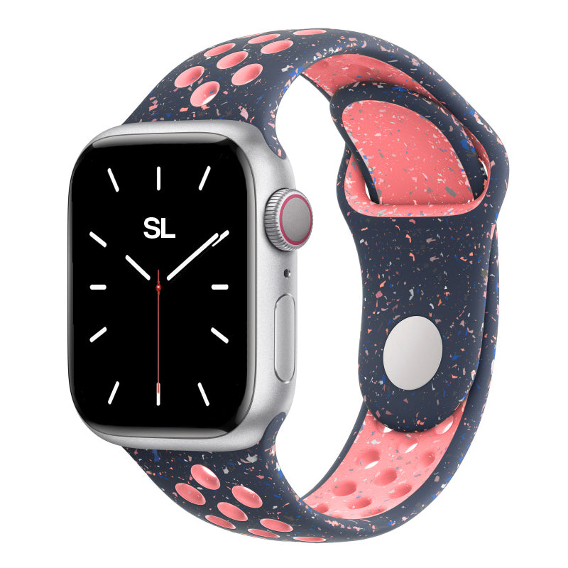 Blue Pink colour apple watch series 9 silicon sports strap with a unique pattern of splatter paint design, this watch strap is designed for active people