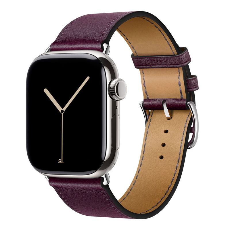 A handmade burgundy with burgundy stitching genuine leather single tour watch strap on an apple watch series 11 42mm and 45mm and 46mm.