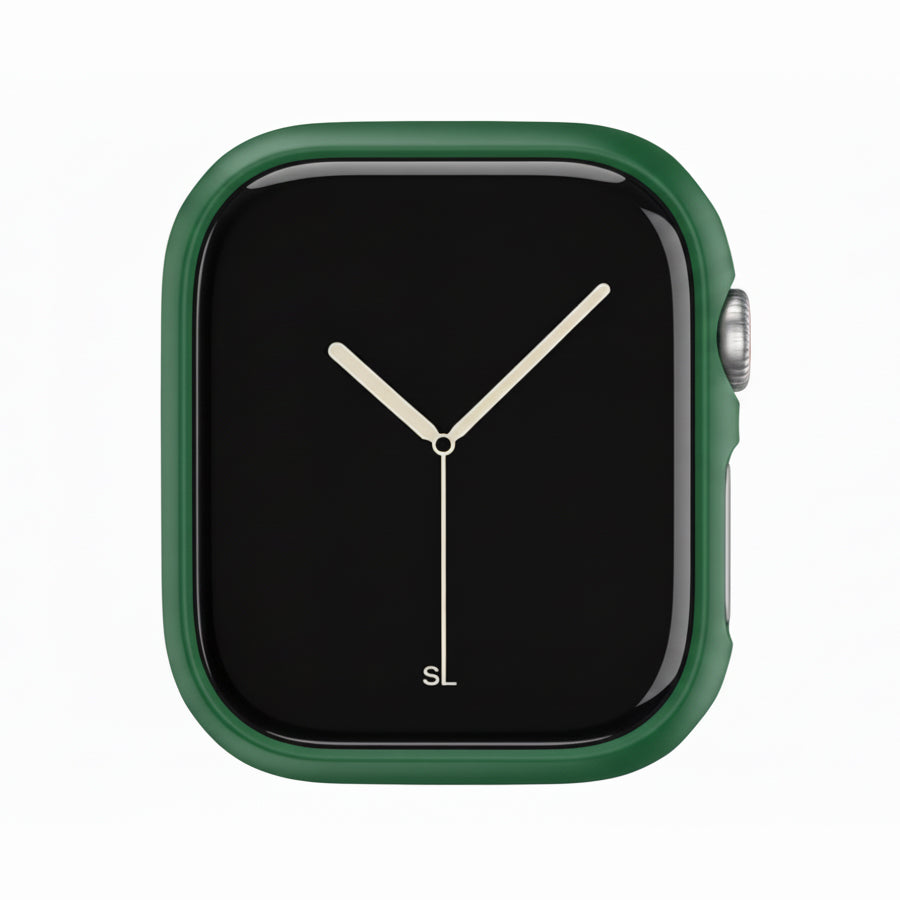 Green Colour made from polycarbonate material protector with a strong built in tempered glass screen to protect your apple watch series 11 42mm and 46mm from damage displayed on a tilted angle