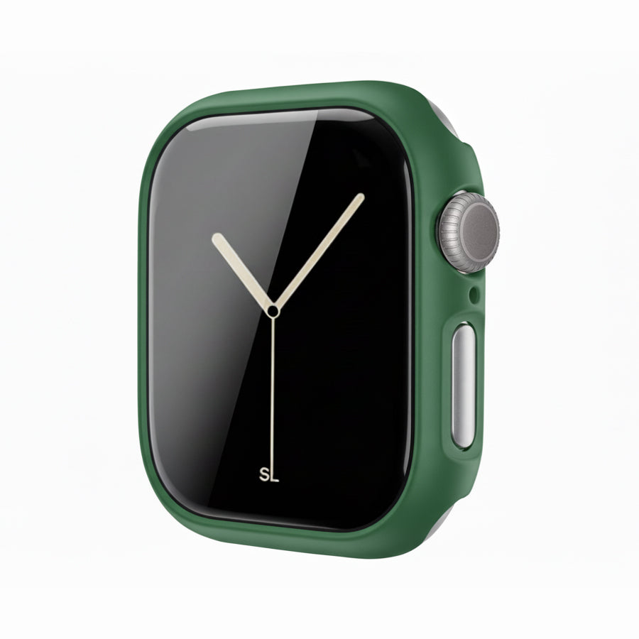 Green Colour made from polycarbonate material protector with a strong built in tempered glass screen to protect your apple watch series 11 42mm and 46mm from damage displayed on a tilted angle