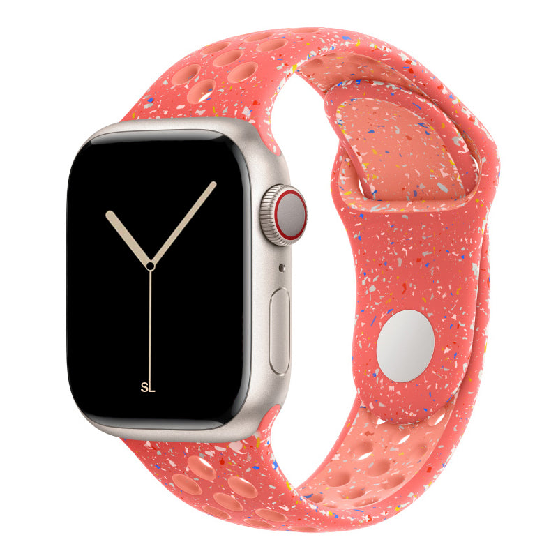 Magic Ember Pink colour apple watch series 11 42mm 46mm silicone sports strap with a unique pattern of splatter paint design, this watch strap is designed for active people