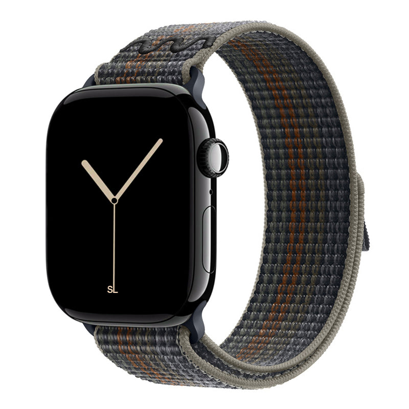 Midnight khaki with a stripe pattern sport loop active watch band for apple watch series 11 42mm 46mm and ultra 3 crafted from woven nylon