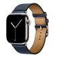 A handmade navy with navy stitching genuine leather single tour watch strap on an apple watch series 11 42mm and 45mm and 46mm.