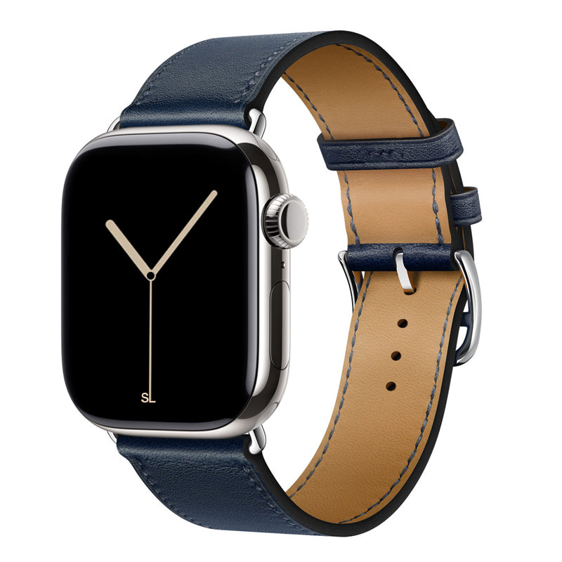A handmade navy with navy stitching genuine leather single tour watch strap on an apple watch series 11 42mm and 45mm and 46mm.