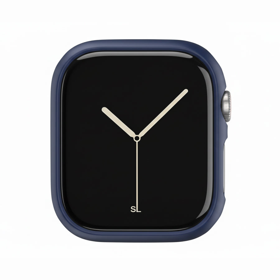 Navy Colour made from polycarbonate material protector with a strong built in tempered glass screen to protect your apple watch series 11 42mm and 46mm from damage displayed on a tilted angle