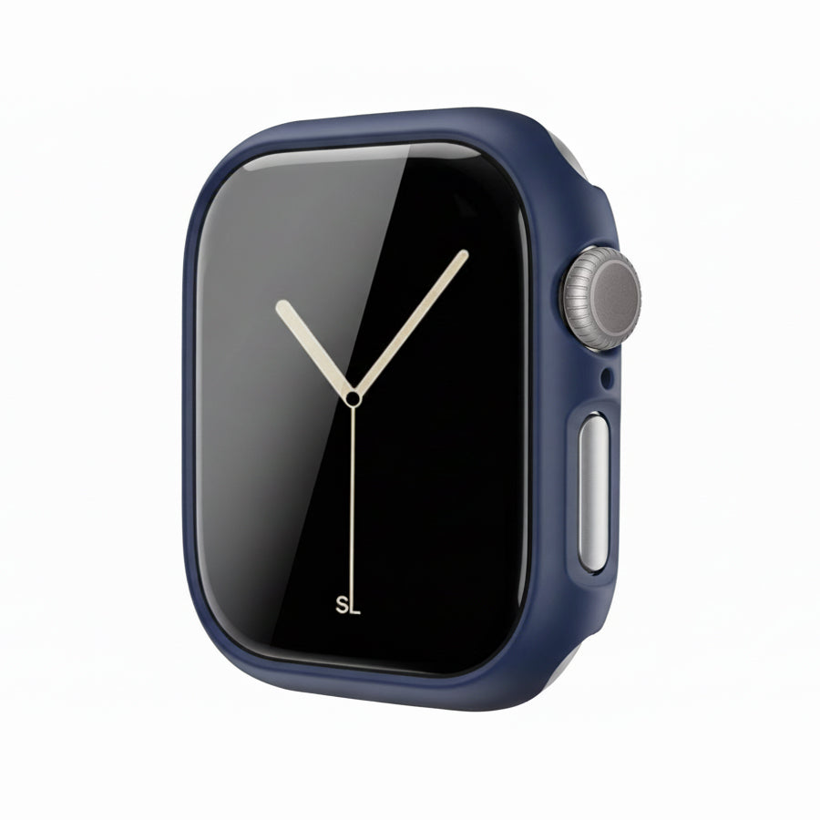 Navy Colour made from polycarbonate material protector with a strong built in tempered glass screen to protect your apple watch series 11 42mm and 46mm from damage displayed on a tilted angle