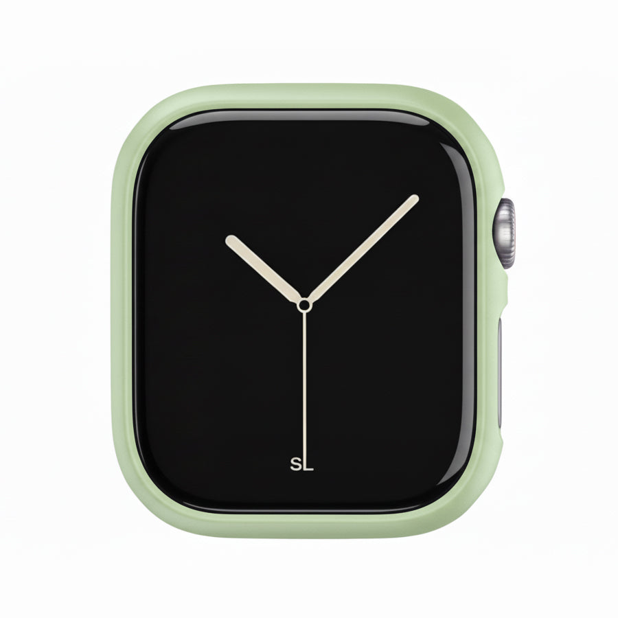 mint green Colour made from polycarbonate material protector with a strong built in tempered glass screen to protect your apple watch series 11 42mm and 46mm from damage displayed on a tilted angle