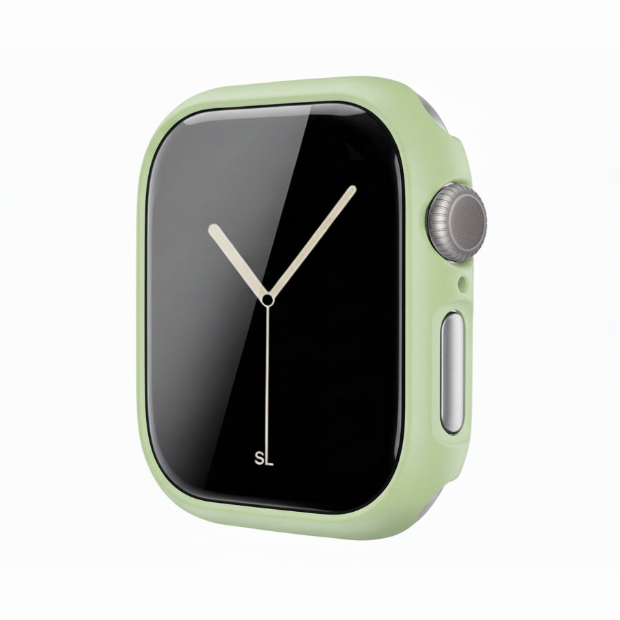 mint green Colour made from polycarbonate material protector with a strong built in tempered glass screen to protect your apple watch series 11 42mm and 46mm from damage displayed on a tilted angle