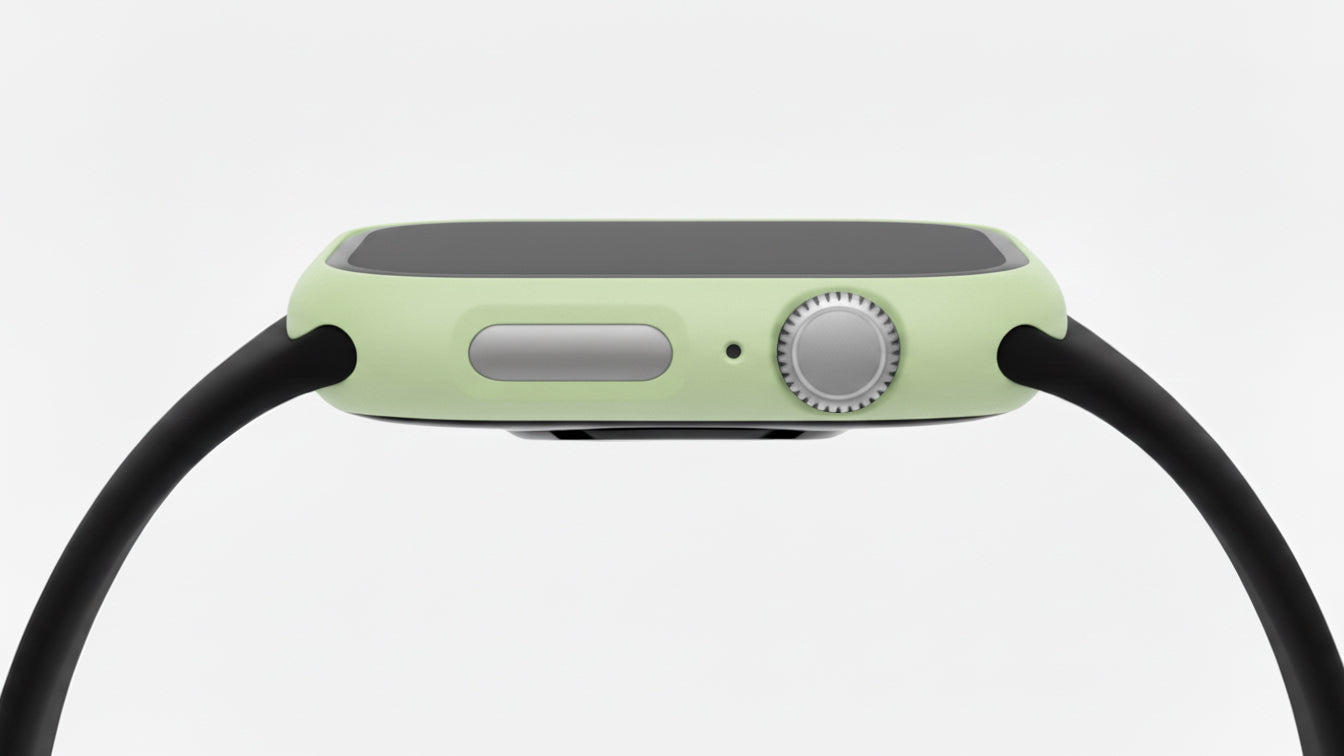 mint green Colour made from polycarbonate material protector with a strong built in tempered glass screen to protect your apple watch series 11 42mm and 46mm from damage displayed on a tilted angle