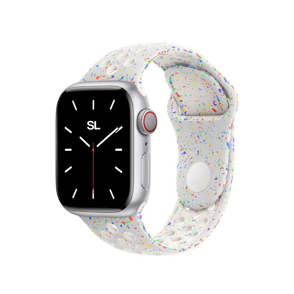 Pure Platinum White colour apple watch series 9 silicon sports strap with a unique pattern of splatter paint design, this watch strap is designed for active people