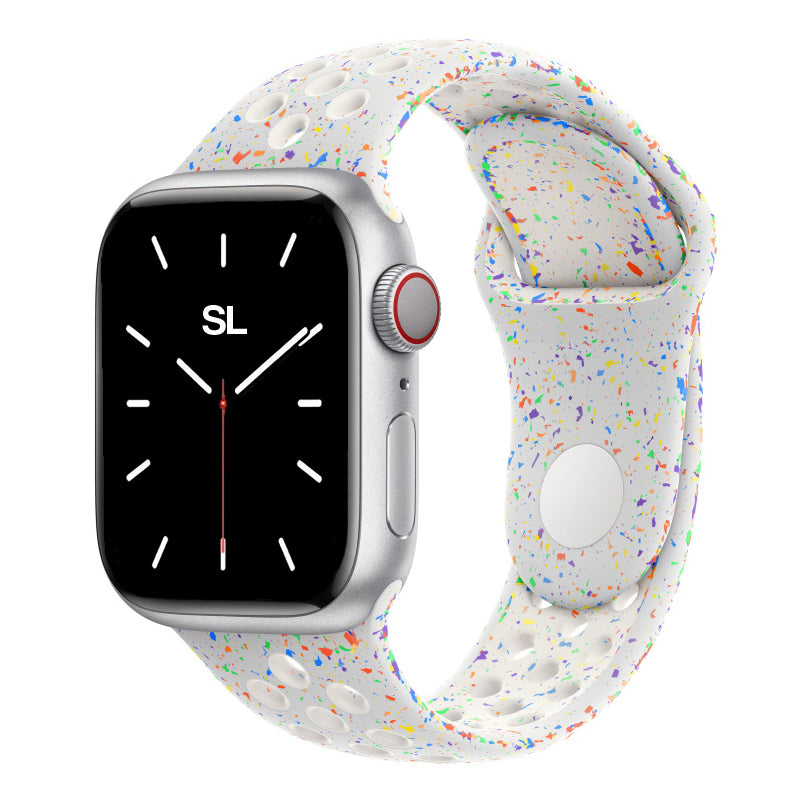 Pure Platinum White colour apple watch series 9 silicon sports strap with a unique pattern of splatter paint design, this watch strap is designed for active people