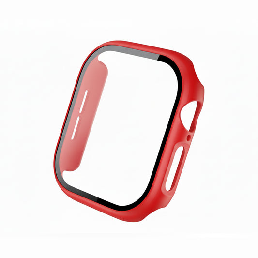 Red Colour made from polycarbonate material protector with a strong built in tempered glass screen to protect your apple watch series 11 42mm and 46mm from damage displayed on a tilted angle