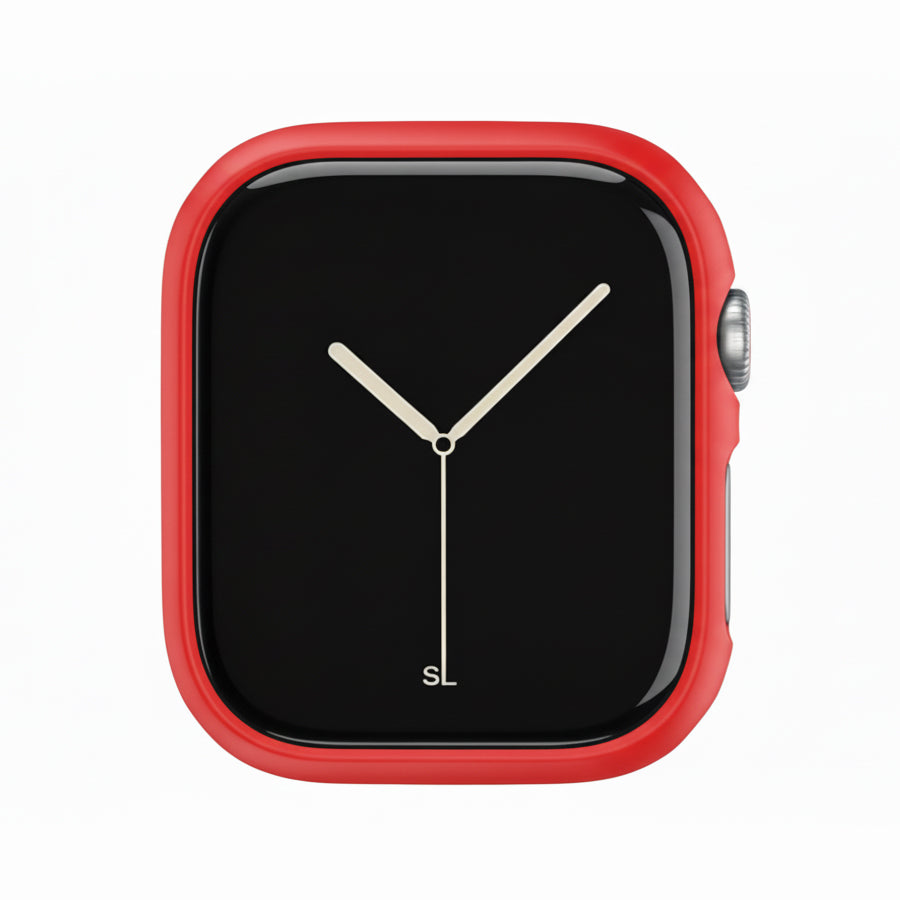 Red Colour made from polycarbonate material protector with a strong built in tempered glass screen to protect your apple watch series 11 42mm and 46mm from damage displayed on a tilted angle