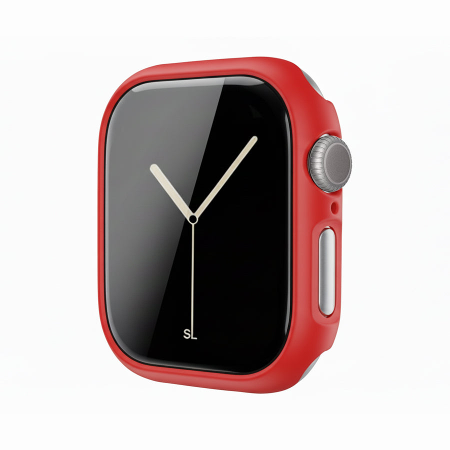 Red Colour made from polycarbonate material protector with a strong built in tempered glass screen to protect your apple watch series 11 42mm and 46mm from damage displayed on a tilted angle