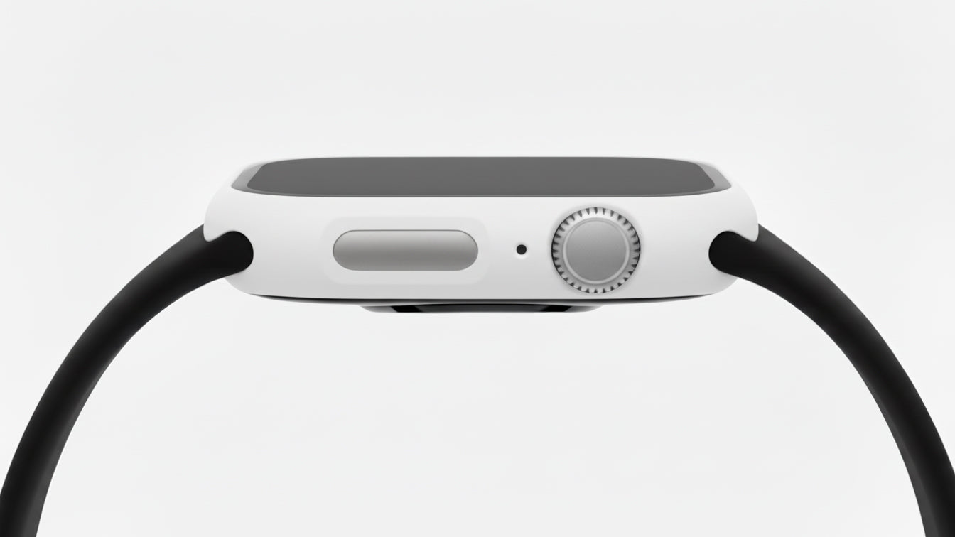 White Colour made from polycarbonate material protector with a strong built in tempered glass screen to protect your apple watch series 11 42mm and 46mm from damage displayed on a tilted angle