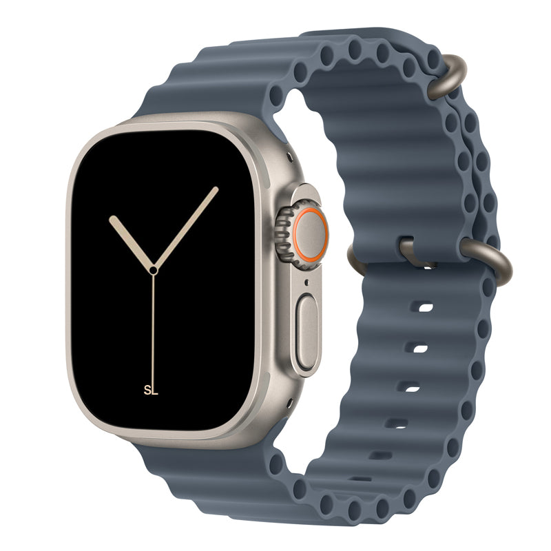 An anchor blue colour watch strap band made from silicone  with two metal buckles on an Apple watch series 11 42mm/ 45mm/ 46mm and ultra 3 designed for the ocean and active sports