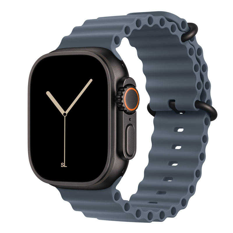 An anchor blue colour watch strap band made from silicone  with two metal buckles on an Apple watch series 11 42mm/ 45mm/ 46mm and ultra 3 designed for the ocean and active sports