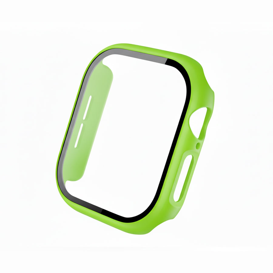 apple green Colour made from polycarbonate material protector with a strong built in tempered glass screen to protect your apple watch series 11 42mm and 46mm from damage displayed on a tilted angle