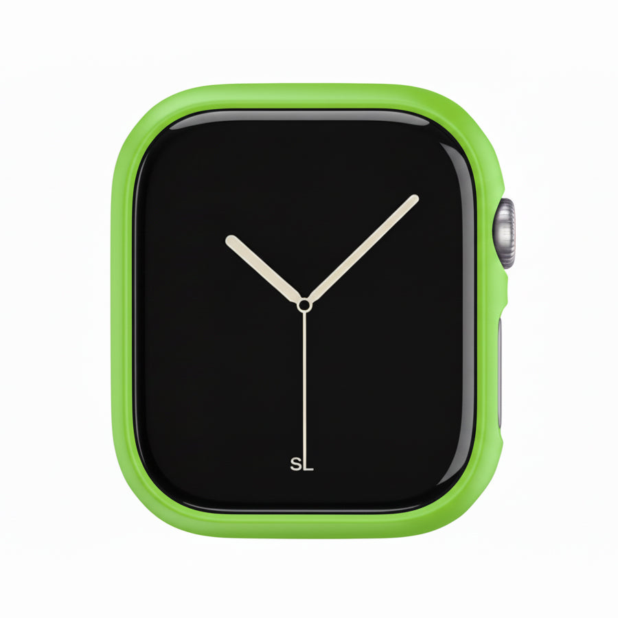 apple green Colour made from polycarbonate material protector with a strong built in tempered glass screen to protect your apple watch series 11 42mm and 46mm from damage displayed on a tilted angle