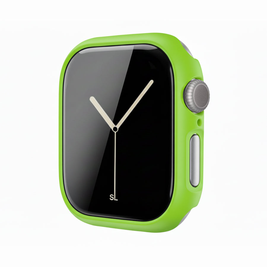 apple green Colour made from polycarbonate material protector with a strong built in tempered glass screen to protect your apple watch series 11 42mm and 46mm from damage displayed on a tilted angle