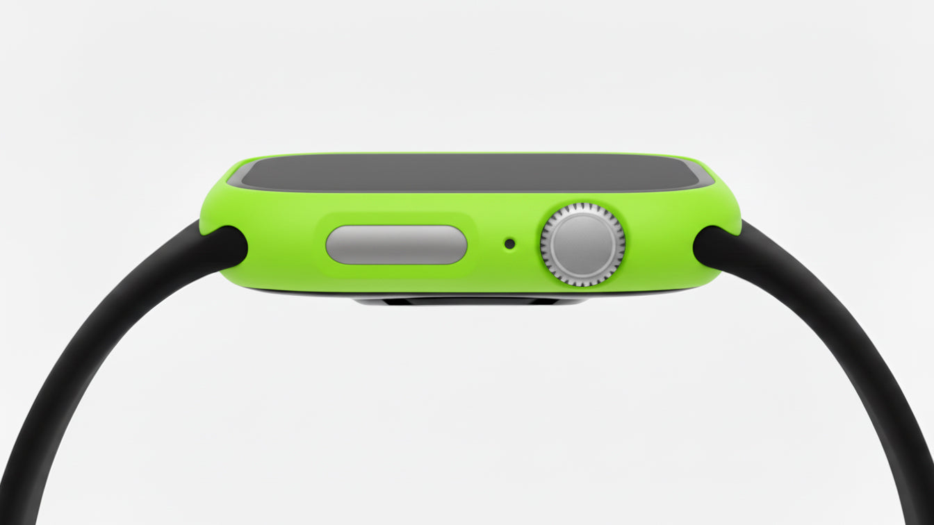apple green Colour made from polycarbonate material protector with a strong built in tempered glass screen to protect your apple watch series 11 42mm and 46mm from damage displayed on a tilted angle