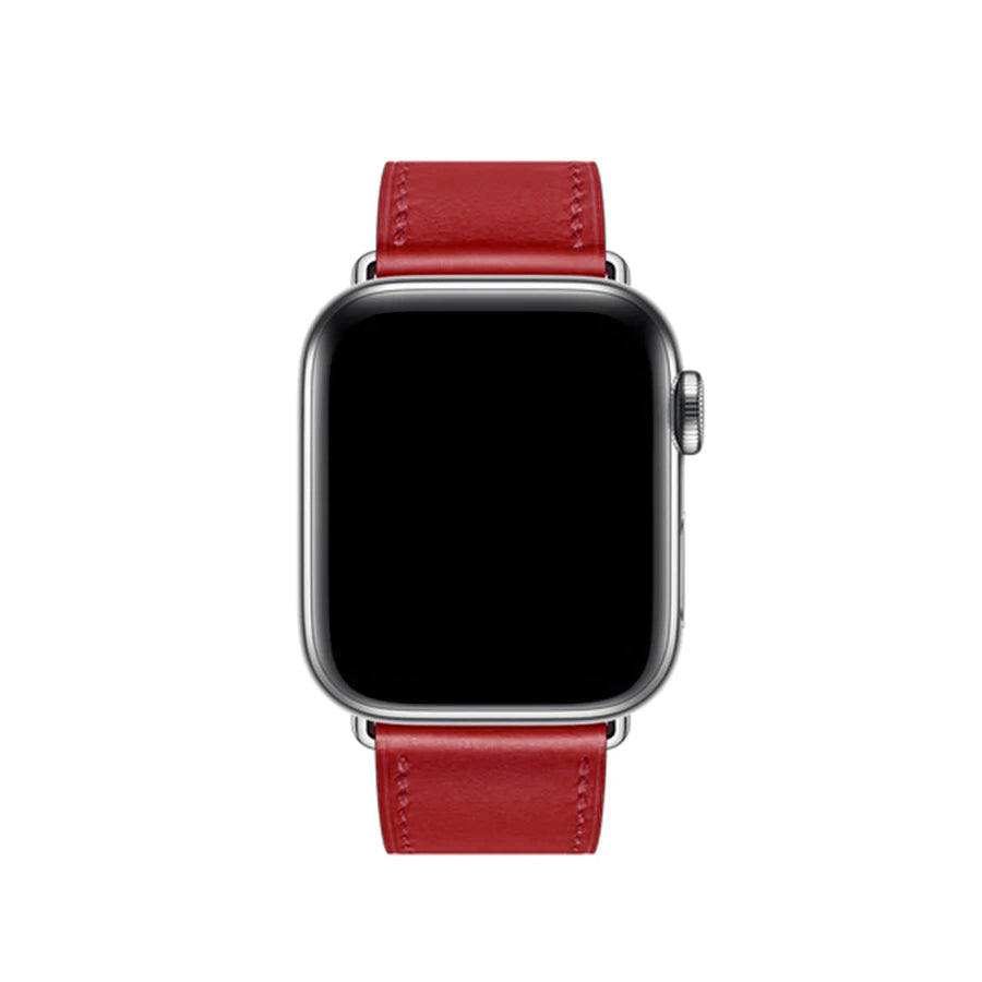 Red colour leather strap band for apple watch series 11 42mm and 46mm with a stainless steel pin and buckle