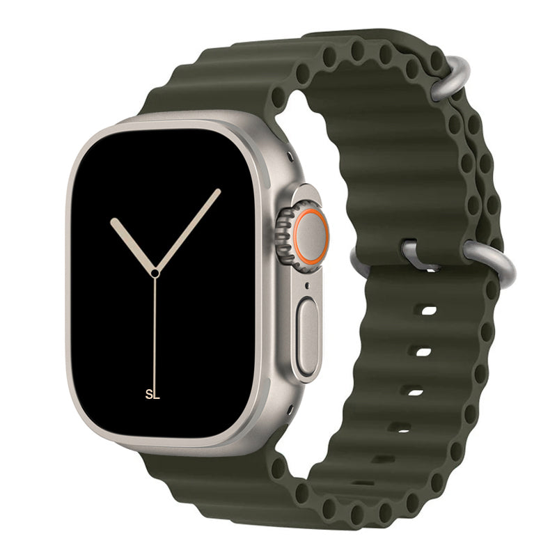 An army green colour watch strap band made from silicone  with two metal buckles on an Apple watch series 10 42mm/ 45mm/ 46mm and ultra 2 designed for the ocean and active sports