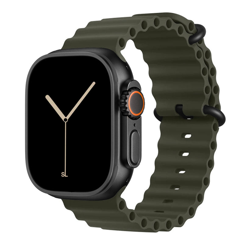 An army green colour watch strap band made from silicone  with two metal buckles on an Apple watch series 11 42mm/ 45mm/ 46mm and ultra 3 designed for the ocean and active sports