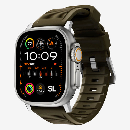 New army green silicon with metal connectors, pin and buckle watch strap with compression grooves designed for apple watch series 9 45mm and ultra 2 side angle