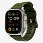 Army green silicone with brush metal connectors, pin and buckle watch strap with compression grooves designed for Apple Watch series 10, 42mm, 46mm and Ultra 2 side angle