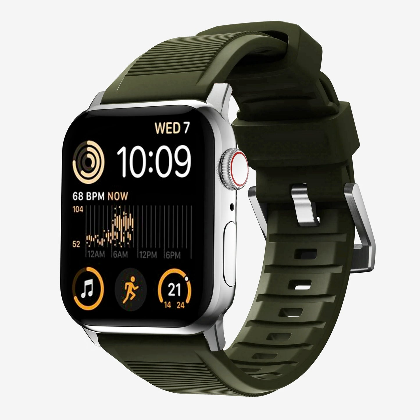 Army green silicone with brush metal connectors, pin and buckle watch strap with compression grooves designed for Apple Watch series 10, 42mm, 46mm and Ultra 2 side angle