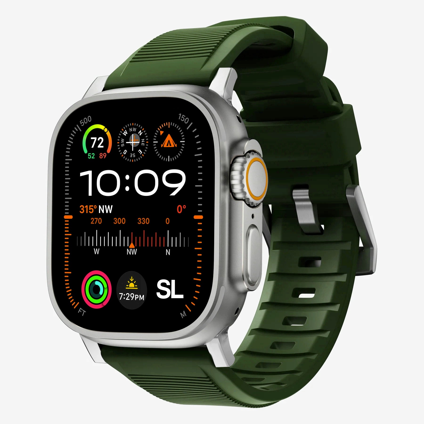 Army green silicone with brush metal connectors, pin and buckle watch strap with compression grooves designed for Apple Watch series 10, 42mm, 46mm and Ultra 2 side angle