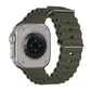 An army green colour watch strap band made from silicone  with two metal buckles on an Apple watch series 10 42mm/ 45mm/ 46mm and ultra 2 designed for the ocean and active sports