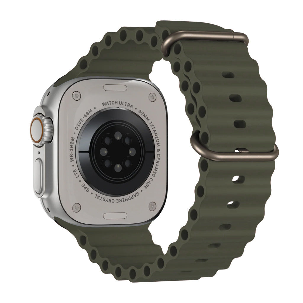 An army green colour watch strap band made from silicone  with two metal buckles on an Apple watch series 10 42mm/ 45mm/ 46mm and ultra 2 designed for the ocean and active sports